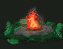 a painting of a campfire in the grass with a dark background