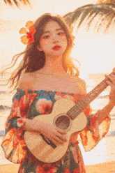 a girl with a flower in her hair holds a guitar