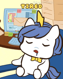 a cartoon of a tired unicorn with a crown