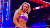 a woman is standing in a wrestling ring wearing a purple bikini .