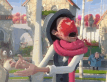 a cartoon character with a scarf around his neck is wearing a red mask .