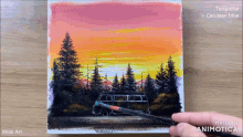 a painting of a van in the woods with a sunset in the background