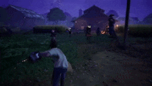 a video game scene with a woman standing in front of a fireworks display