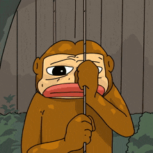 a cartoon of a monkey sitting on a swing in the woods