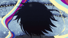a drawing of a person with a rainbow background