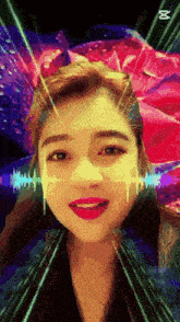 a woman 's face is surrounded by a colorful background and the letter m is visible in the corner