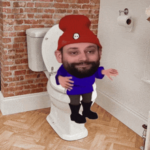 a man with a beard is sitting on a toilet in a bathroom