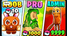 a cartoon of a rabbit , a troll , and a monkey with the words noob pro admin written on them .