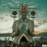a crowd of people are gathered in front of a large statue with pixiz written on the bottom