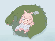 a cartoon drawing of a girl sleeping on a dinosaur