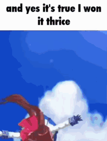 a girl is flying through the air with the words `` and yes it 's true i won it thrice ''