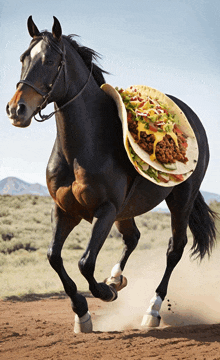 a horse with a taco on its back is running in the dirt