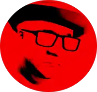 a red circle with a man wearing glasses and a hat