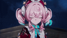 a girl with pink hair is wearing a red hat and has her eyes closed