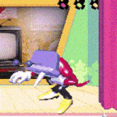 a cartoon character is standing in front of a microwave