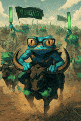 a frog is riding a bull and holding a sign that says " right "