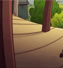 a cartoon drawing of a wooden deck with trees and bushes in the background