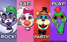 a group of five nights at freddy 's characters standing next to each other on a purple background .