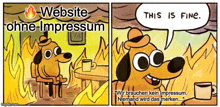 a cartoon of a dog with a speech bubble that says " this is fine "