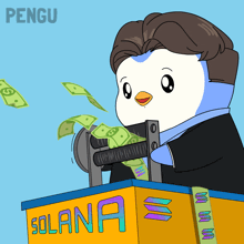 a penguin is holding a machine that says " solana "