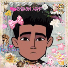 a cartoon of a man with a bow in his hair and the words i love my friends on the bottom