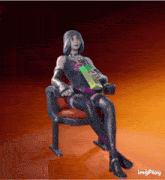 a woman is sitting in a chair holding a bottle of soda and a bag of chips