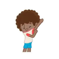 a cartoon boy with curly hair is smiling