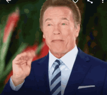 arnold schwarzenegger wearing a blue suit and tie
