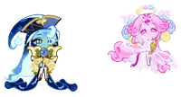 a blue and a pink cookie with flowers on their hair