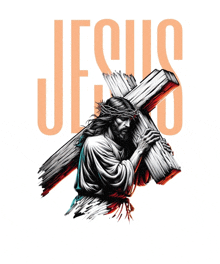 a drawing of jesus carrying a wooden cross with the word jesus behind him
