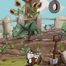 a cartoon scene with a tire hanging from a tree and a shovel in the foreground
