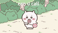 a cartoon of a bear holding a lollipop with the words cap u call in the background