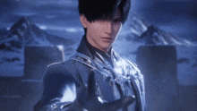 a man in a blue suit with chains around his neck