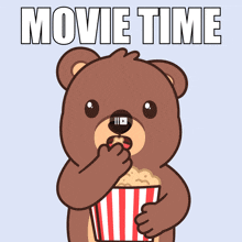 a cartoon of a teddy bear eating popcorn with the words movie time behind him