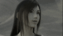 a black and white photo of a girl with long black hair