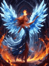 a woman in a blue dress with blue wings is standing in front of a fire and flame .