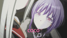 a purple haired anime girl with the name coco on the bottom right