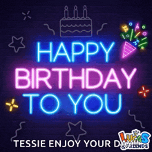 a neon sign that says happy birthday to you on it