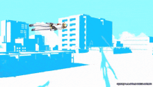 a cartoon character is flying through the air with a blue sky behind her