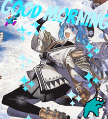 a picture of a girl with blue hair and the words " good morning "
