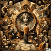 a painting of a woman surrounded by angels and a sign that says pixiz on the bottom