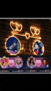 a picture of a man and a woman in front of a neon sign with hearts