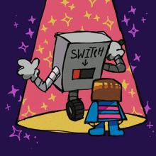 a cartoon drawing of a robot that says switch on it