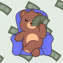 a teddy bear is sitting in a chair holding money