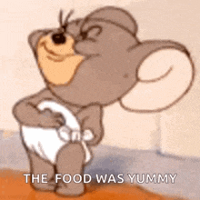 a cartoon mouse wearing a diaper is standing on a wooden floor and saying `` the food was yummy '' .