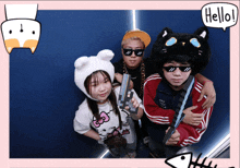 a group of people are posing for a picture with a hello speech bubble above them