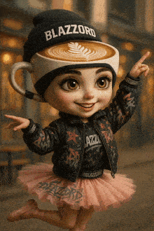 a little girl wearing a beanie that says blazzord on it