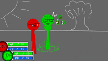 a red stick figure and a green stick figure are standing next to each other in a game