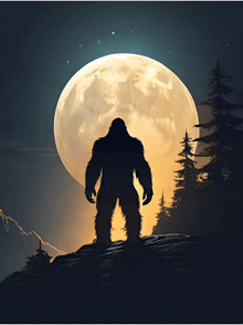 a silhouette of a bigfoot in front of a full moon
