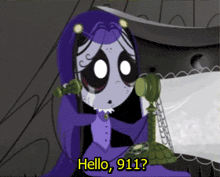 a cartoon of a girl talking on a phone with the words " hello 911 " below her